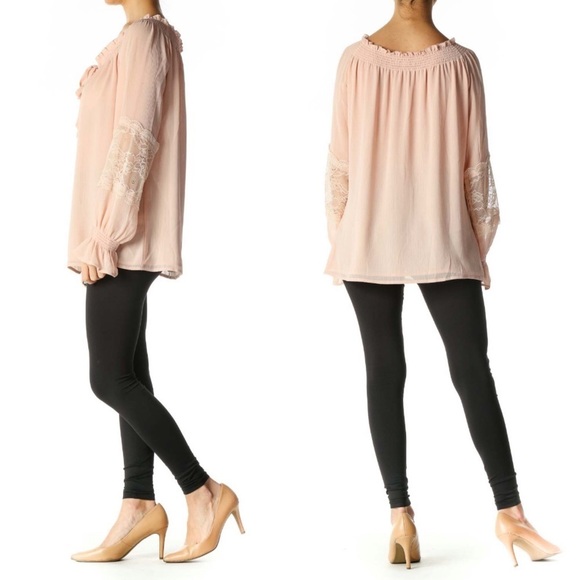 BOSTON PROPER | Sheer Retro Style Lace Sleeve Insert Sheer Light Pink Blouse 10 - Picture 2 of 9